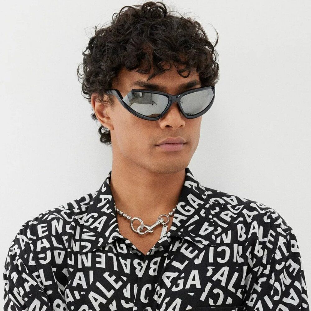 NEW Balenciaga BB0289S 001 Black Silver Mirror Wraparound Unisex Sunglasses
